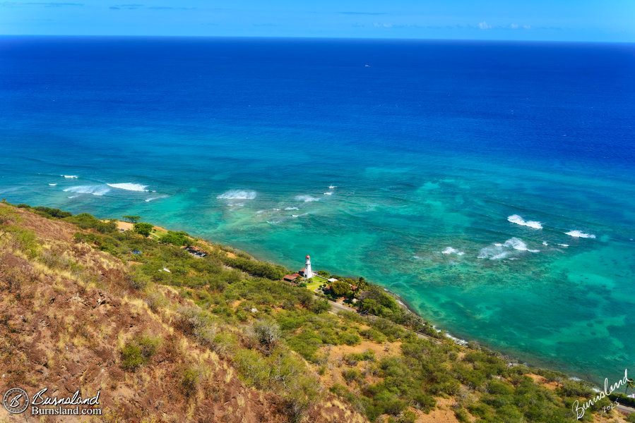 Looking down at the Diamond Head Lighthouse on Oahu in Hawaii