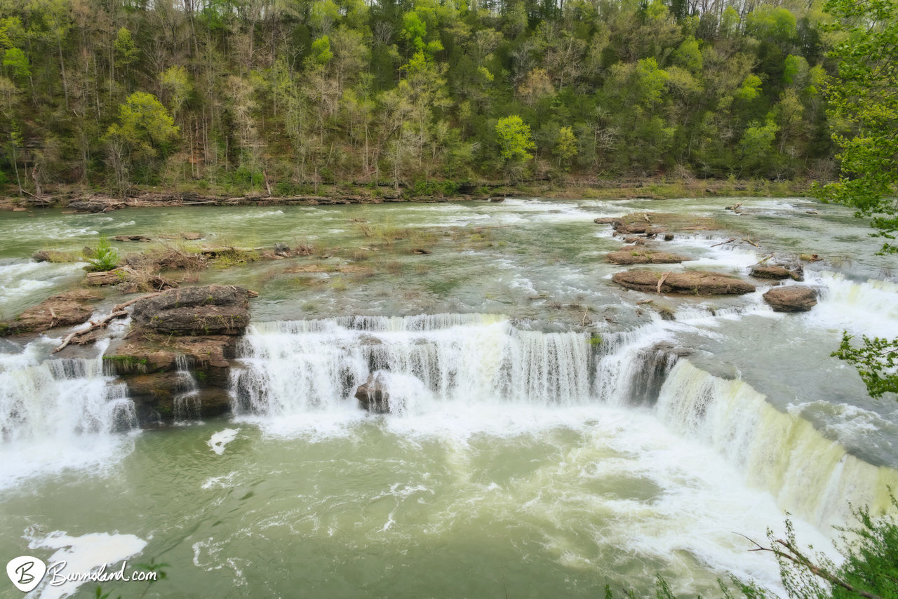 Rushing water roars over Great Falls on the Caney Fork River at Rock Island State Park in Tennessee