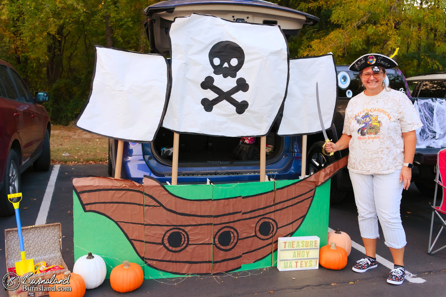 Laura dressed as a pirate complete with a pirate ship this year for Trunk or Treat at our church’s fall festival