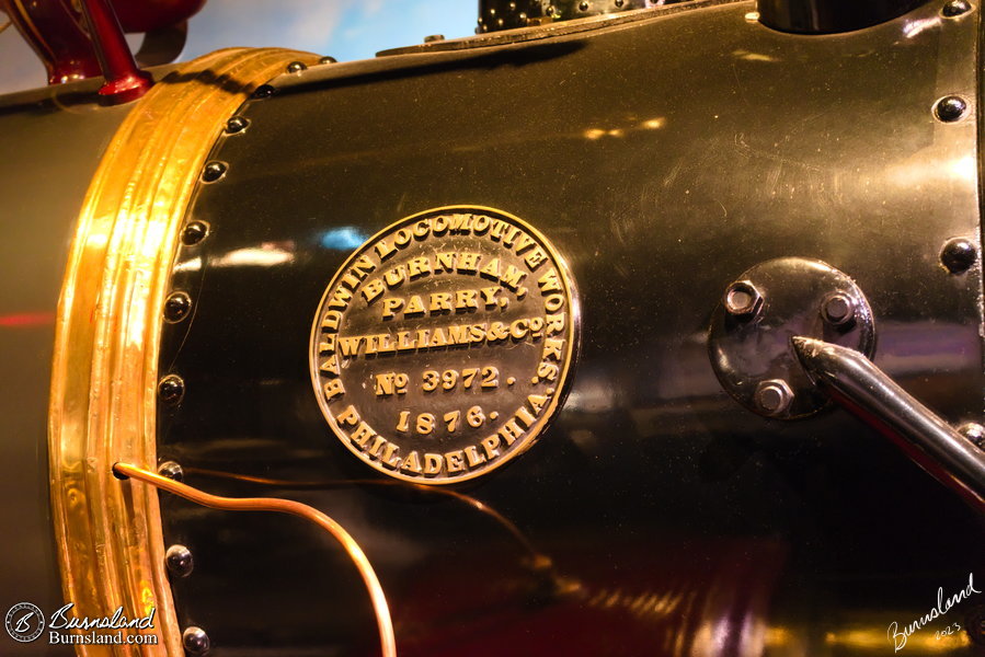 Baldwin builder’s plate of the steam Locomotive Jupiter of the Santa Cruz Railroad is on display in the Smithsonian National Museum of American History in Washington, DC.