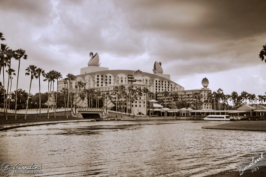 The Walt Disney World Swan hotel in black and white